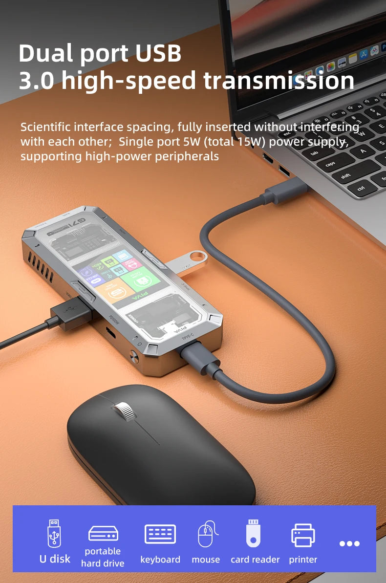 PIVA G71 7 in 1 Aluminum Alloy Office Docking Station Smart Screen Display Type-C to HDMI2.0 USB3.0 HUB PD100W Adapter