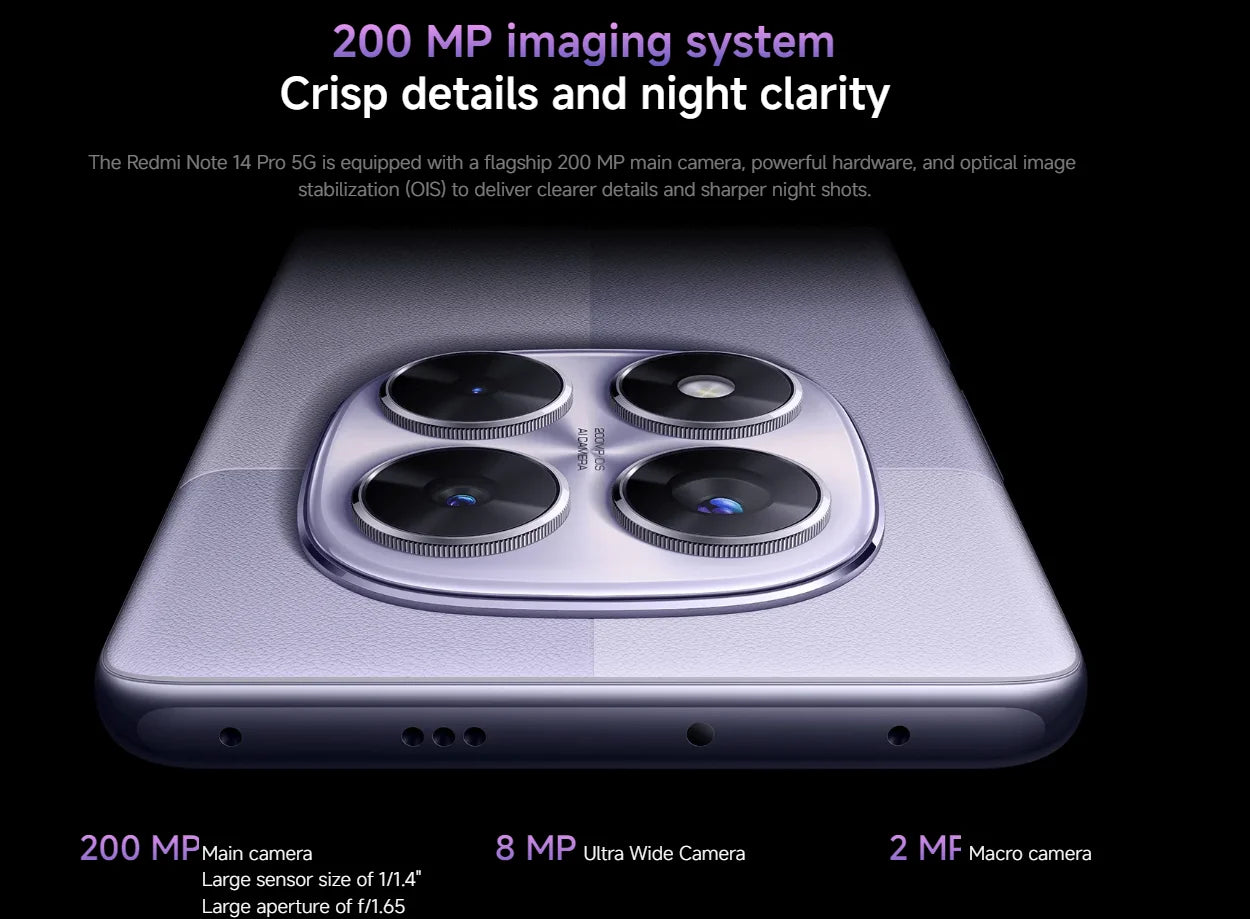 Redmi Note 14 Pro 5G NFC Smartphone Size 7300 + 200MP Camera 1.5K 120Hz AMOLED Display Screen