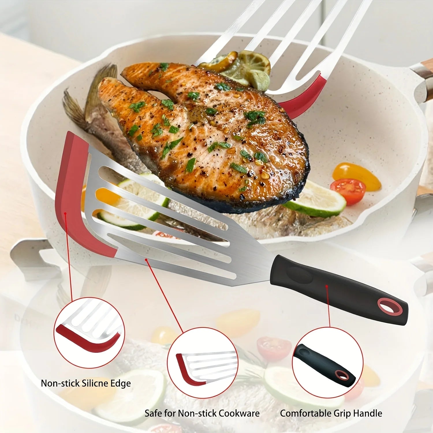 Stainless steel silicone spatula, high temperature resistant frying fish cooking spatula flipper kitchen household steak spatula