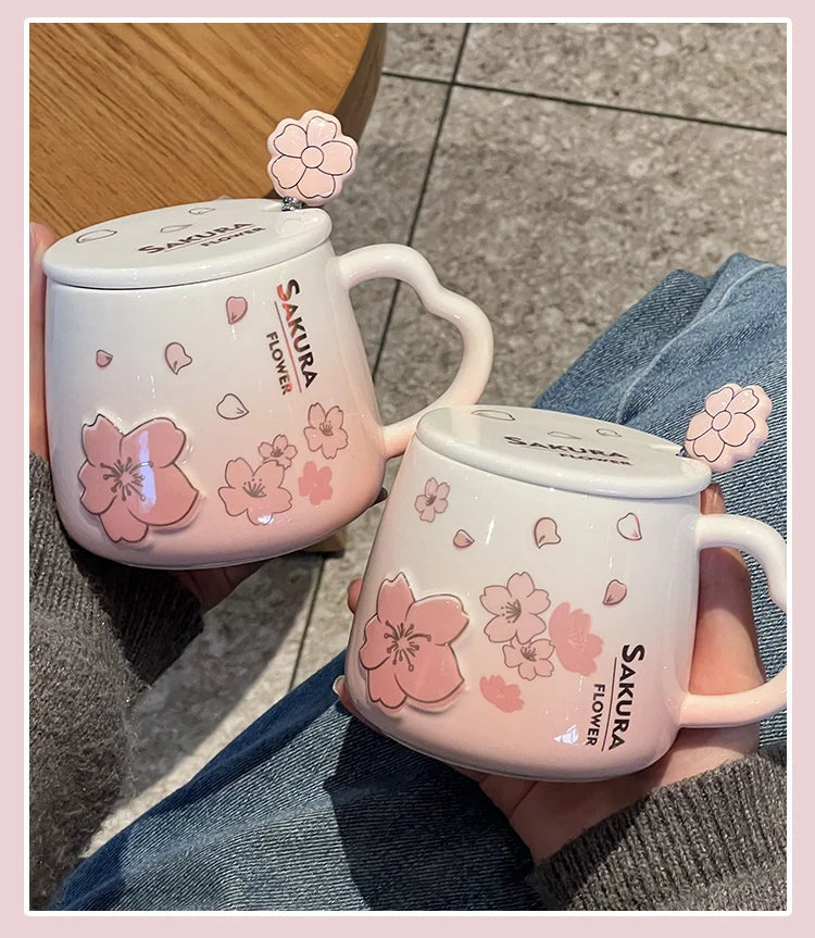 New High Beauty Mug with Lid Spoon Sakura Powder Household Lovely Breakfast Lovers Milk Coffee Mug Ceramic Mug