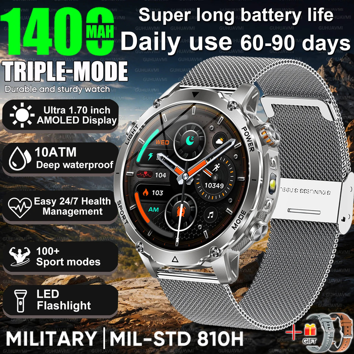 2026New 1.7 inches TANK SmartWatch Military Grade Durability 1400mah Battery HD Call 10ATM Waterproof Flashlight Sport Watch Men