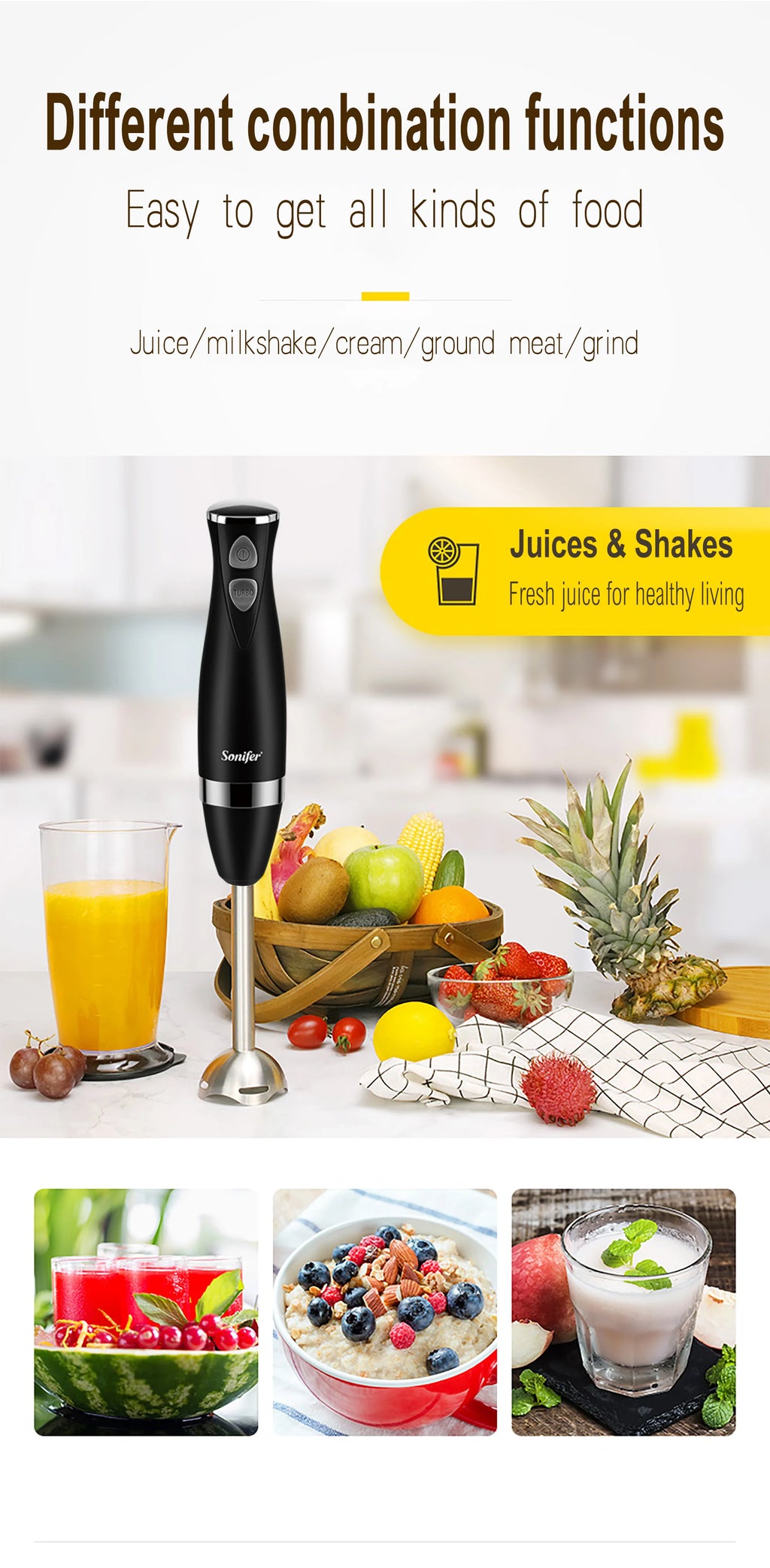 Stainless Steel Hand Blender 3 In 1 Immersion Electric Food Mixer With Bowl Kitchen Vegetable Meat Grinder Chopper Whisk Sonifer