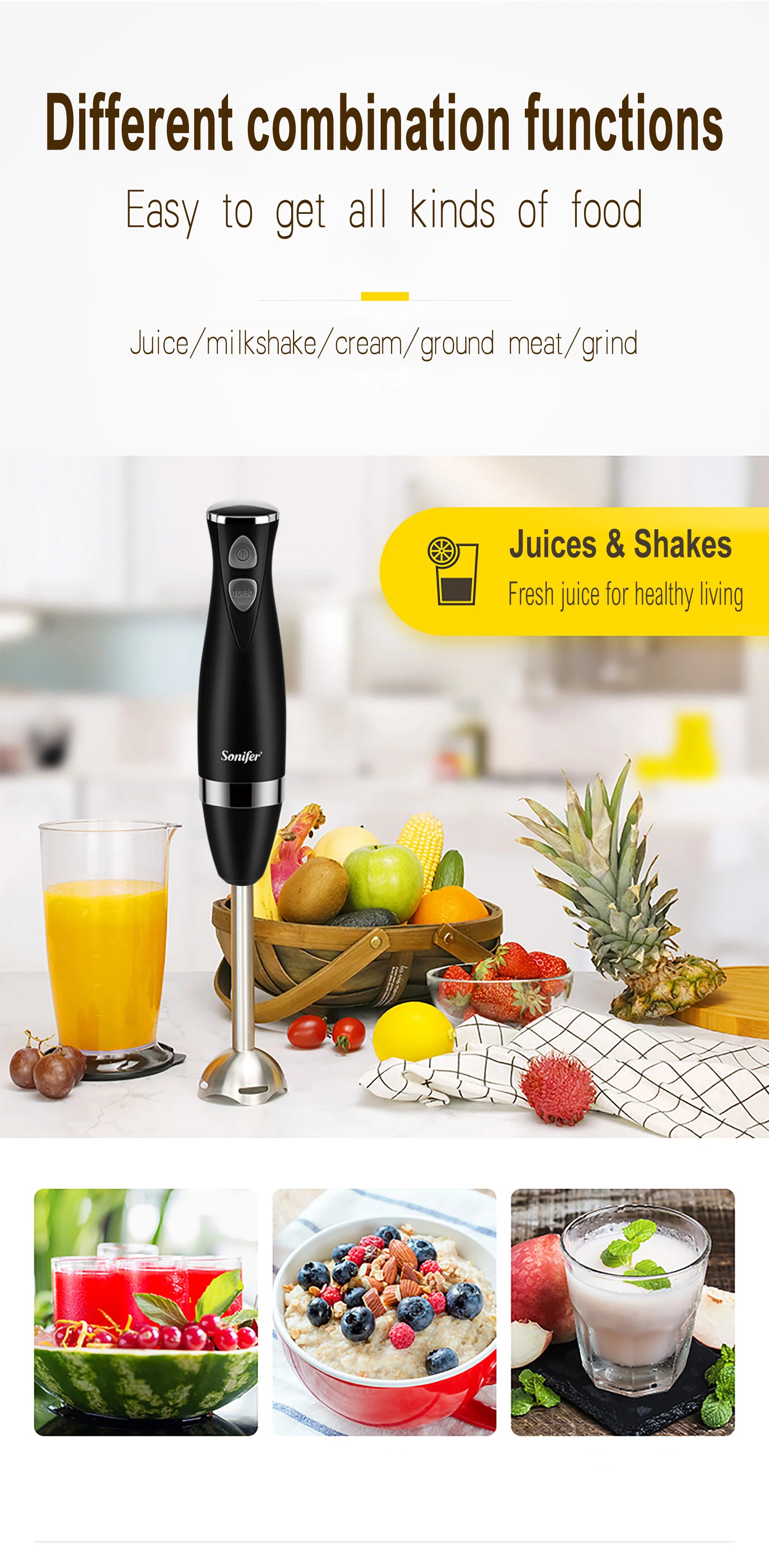 Stainless Steel Hand Blender 3 In 1 Immersion Electric Food Mixer With Bowl Kitchen Vegetable Meat Grinder Chopper Whisk Sonifer