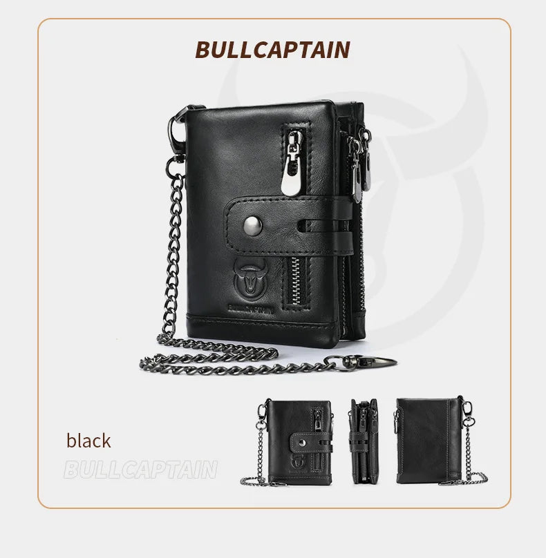 Bullcaptain Genuine Leather Men's Wallet Fashion Quality Travel Purse Rfid Protect Credit Card Holder Wollst for Men with Chain