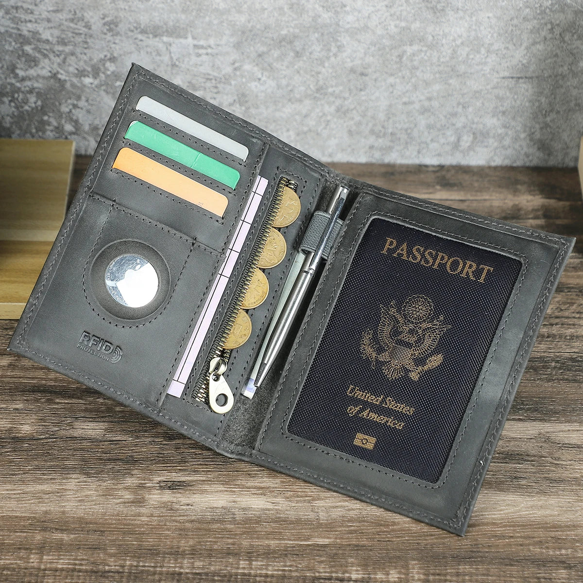 CONTACT'S Genuine Leather Passport Wallet Card Holder Coin Purse AirTag Slot Men Travel Wallet Women‘s Purse Passport Cover Bag