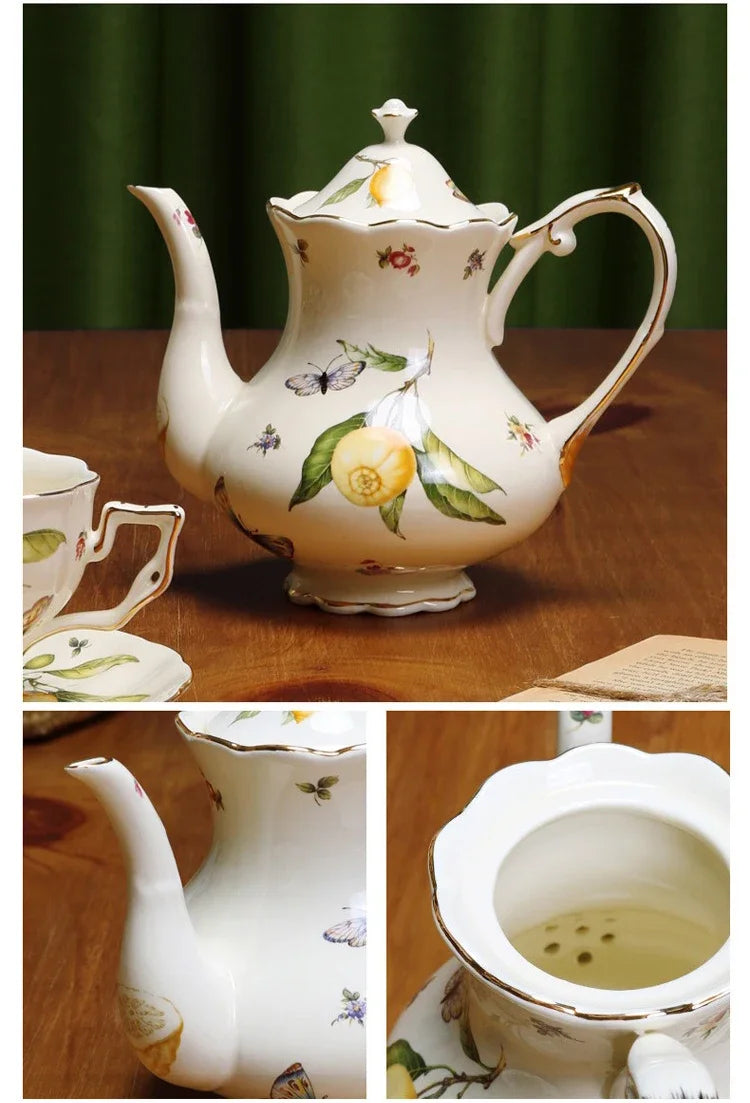 European Style Ceramic Mug Coffee Cup and Saucers Set Lemon Pattern Retro Afternoon tea cup Dessert Plate Teapot Home kettle