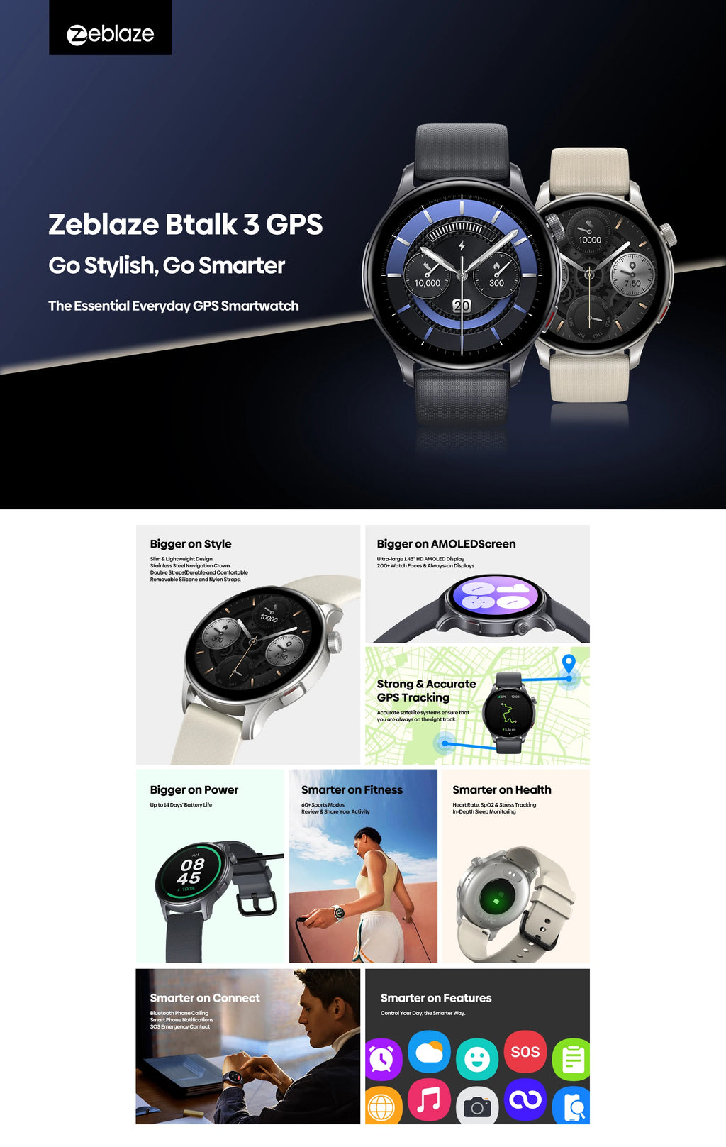 New Zeblaze Btalk 3 GPS Smartwatch 1.43" AMOLED Screen Dual Straps Make/Answer Phone Calls Heart Rate SpO2 Stress Tracking Watch