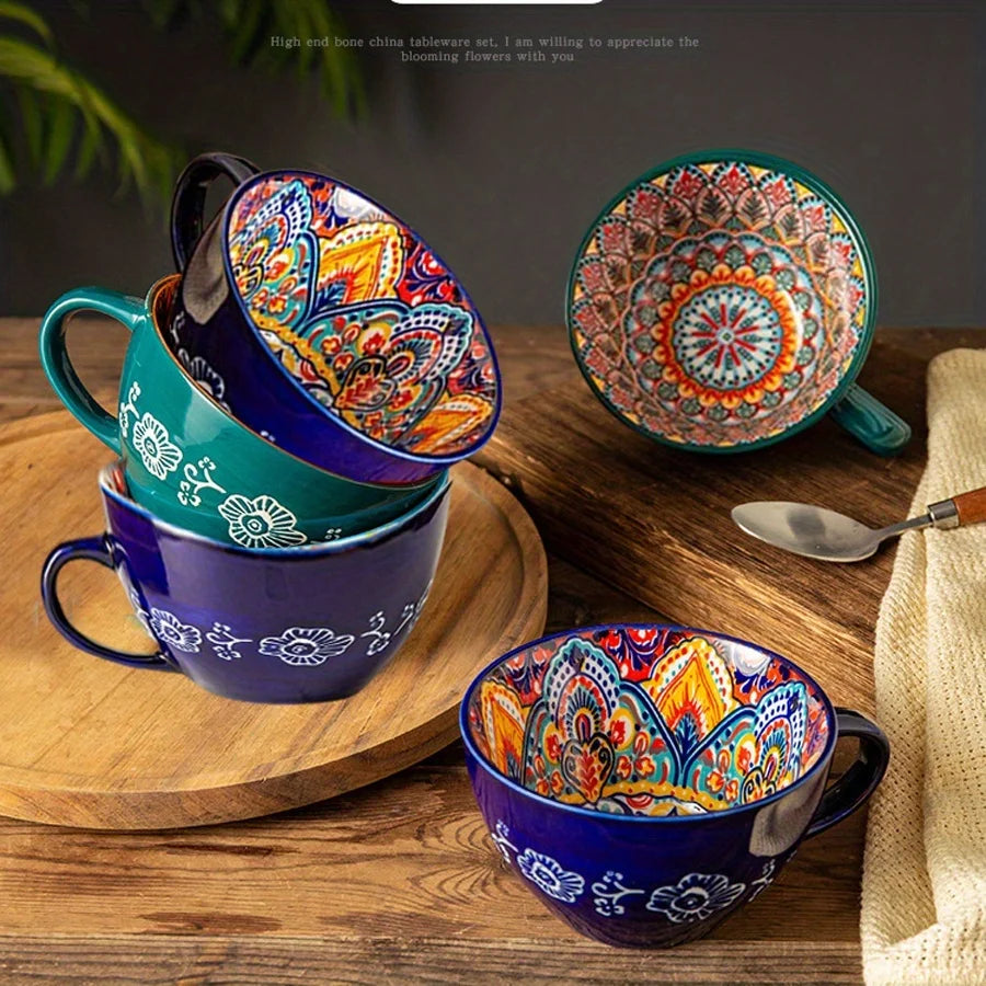 1pc 450ml/15oz Bohemian Ceramic Coffee Mug, Boho Style Underglaze Ceramic Breakfast Cup Multicolor Porcelain Cup for Matcha Latt
