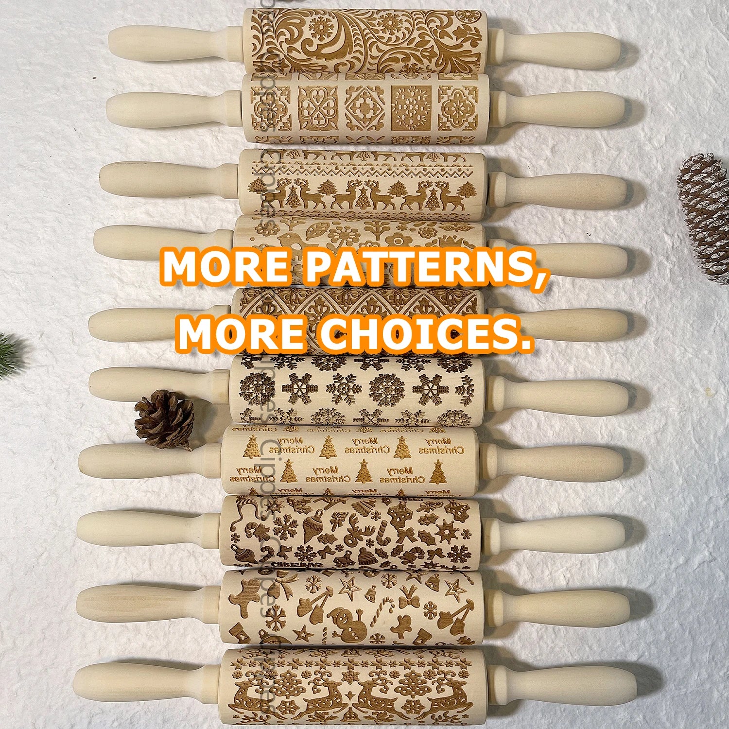 Wooden Rolling Pin for Christmas, 3D DIY Engraved Embossing Rolling Pins with Xmas Reindeer Flower Pattern, for Baking Cookies