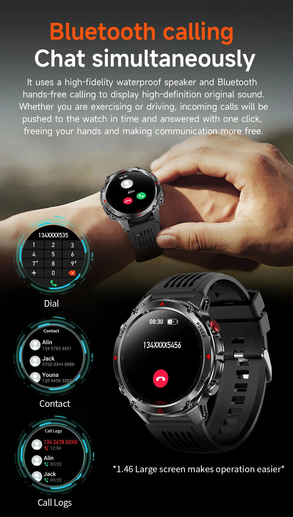 T-Rex 3 Built-in Dual-band GPS Smart Watch Men Smartwatch Compass Altimeter Barometric 5ATM IP69K Waterproof AMOLED HD Watches