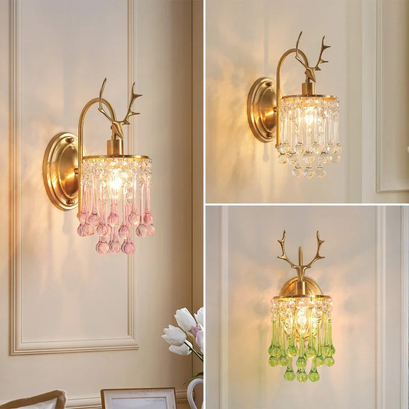 Crystal Wall Lamp - LED American Retro Bedroom Staircase Living Room And Background Wall Light Charging Function Without Wiring