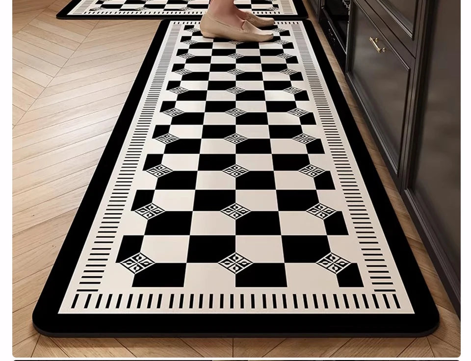 Kitchen Rug PVC Waterproof Leather Carpet Oil-proof Non-Slip Floor Mat Black Checkered Rugs Long Strip Carpets Home Decor 주방용 러그