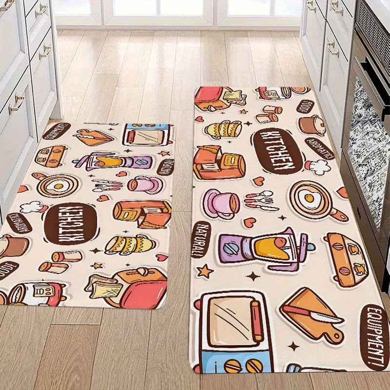Cute Cartoon "KITCHEN" Appliances & Food Print Kitchen Mat, Non-Slip Washable Durable Runner Rug for Kitchen & Kids' Home Decor