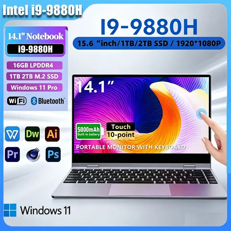 2026 New 14.1 Inch Ultra Thin Laptop Intel Core i9-9880H Win11 16GB/32GB DDR4 RAM 2TB SSD Portable Business Office Notebook