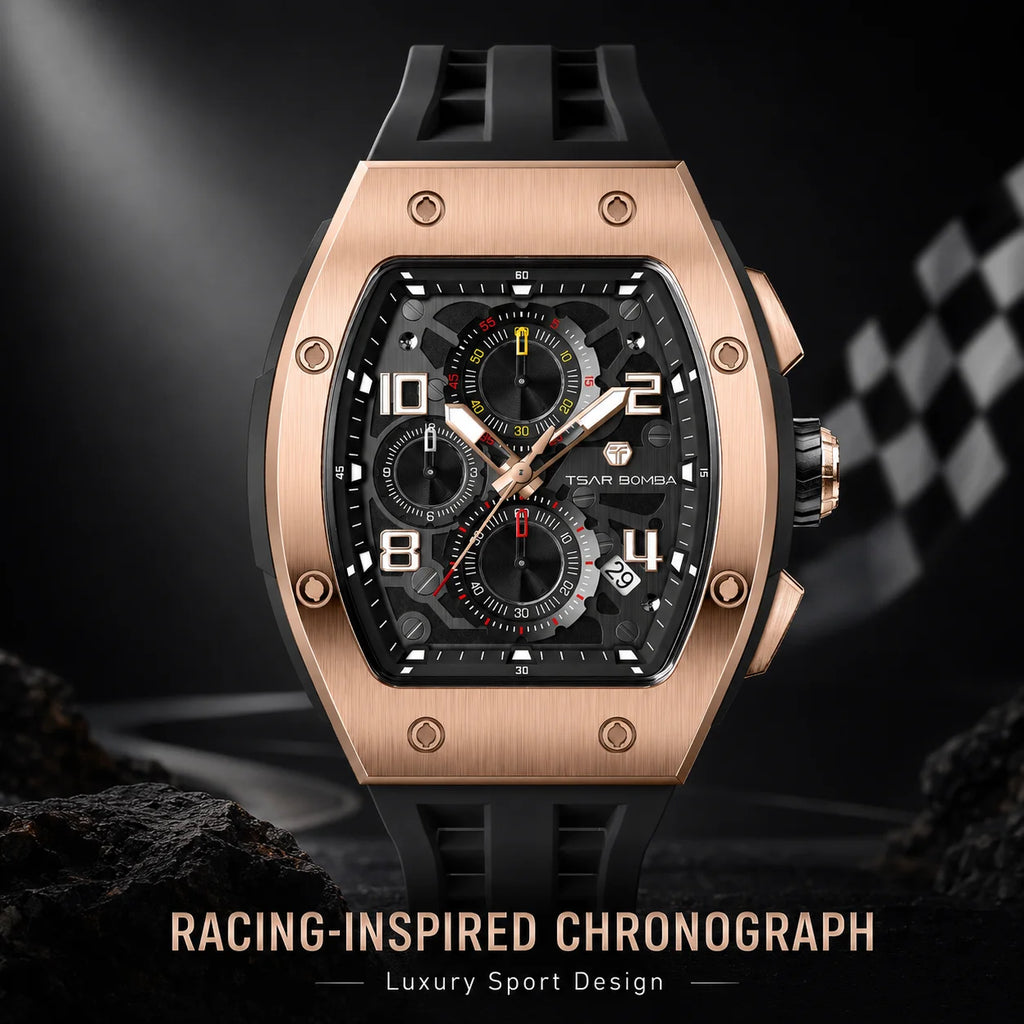 TSAR BOMBA Men's Luxury Quartz Watch, Sapphire Crystal, Chronograph, 5ATM Water Resistant, Rose Gold Business Fashion Wristwatch
