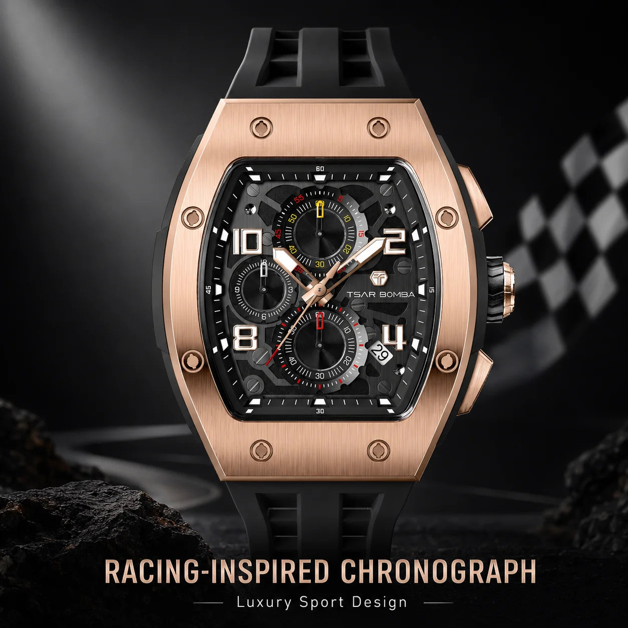 TSAR BOMBA Men's Luxury Quartz Watch, Sapphire Crystal, Chronograph, 5ATM Water Resistant, Rose Gold Business Fashion Wristwatch