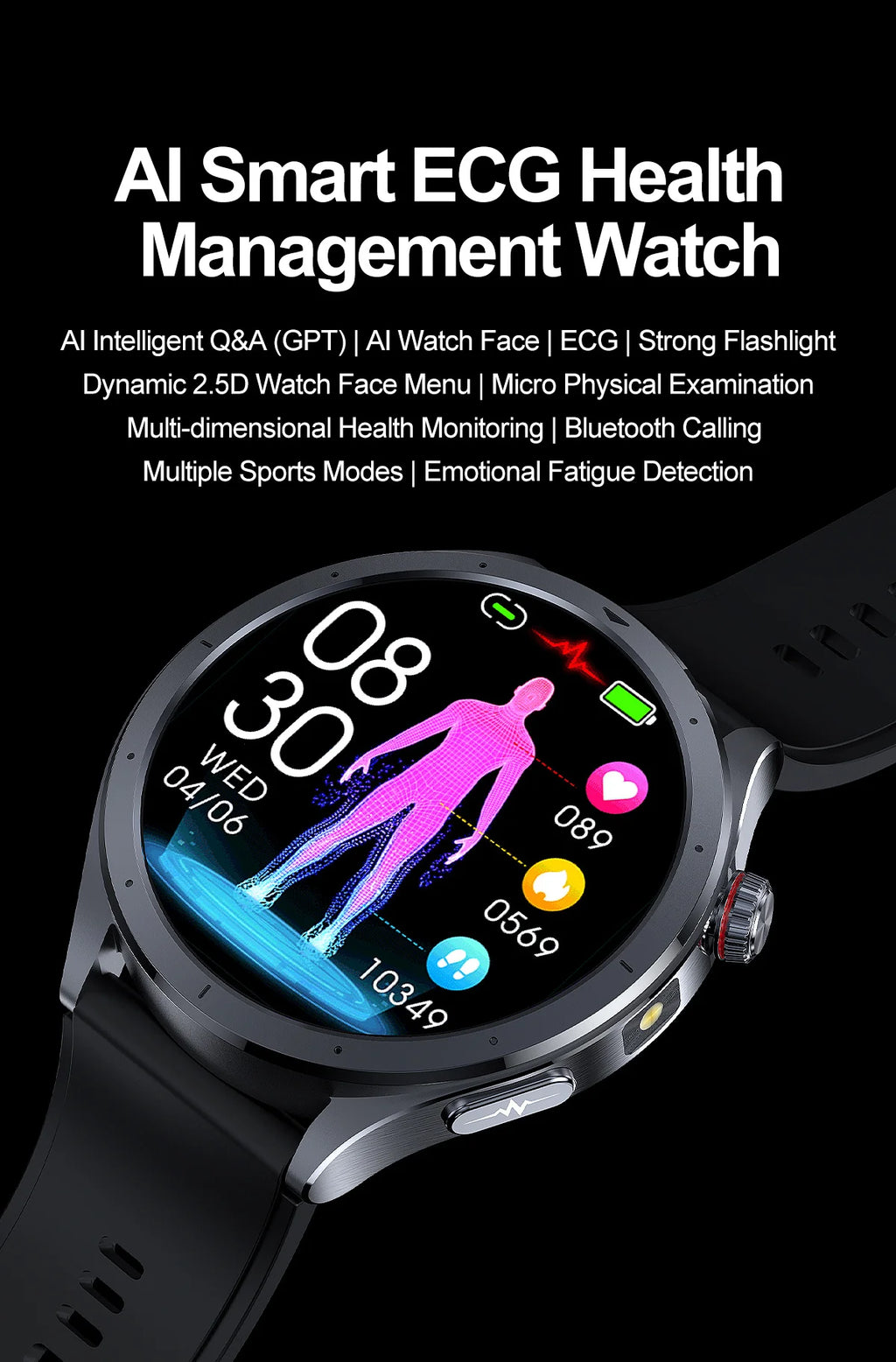 2026 New Body Fat Analysis Health Smart Watch ECG+PPG Uric Acid Blood Pressure Blood Oxygen Clock Call Smart Watch For Men Women