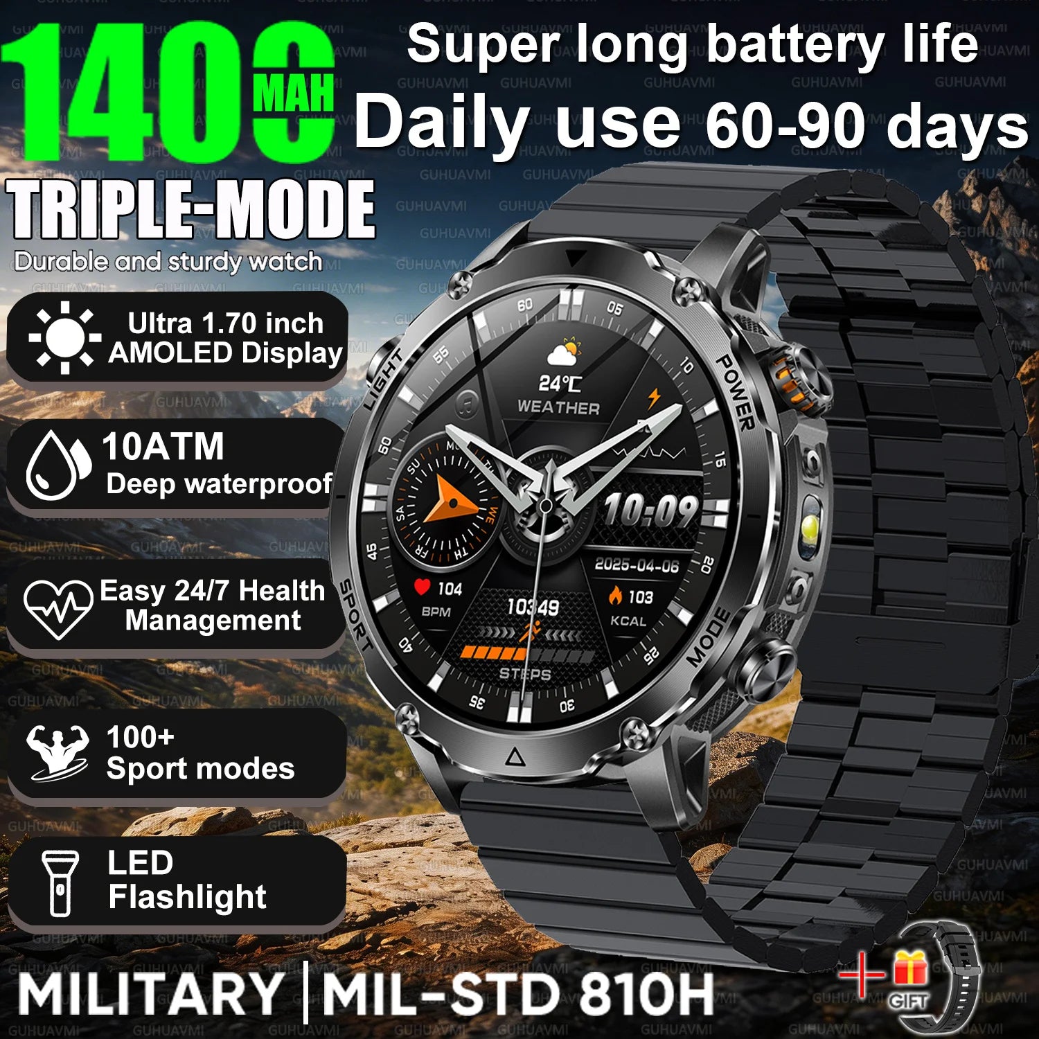 2026 Hot New 1400mAh Extra-Large Battery SmartWatch Men Military Outdoor SOS Flashlight  Waterproof Heart Rate Sports Smartwatch