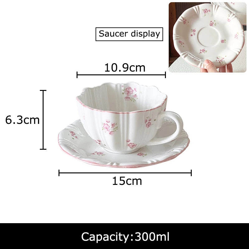 European Pink Cherry Blossoms Mugs Porcelain Cup&saucer Tableware Coffee Mug Dining Table Afternoon Tea Teacup Fruits Juice Cup