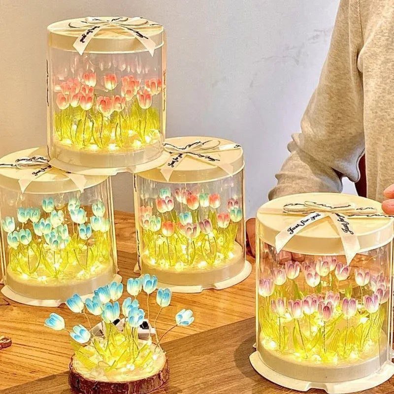 DIY Tulip Lamp Simulation Flower Sea Cake Box Bedroom Sleeping Table Lamp Handmade Craft Decor Tulips Night Light Birthday Gift