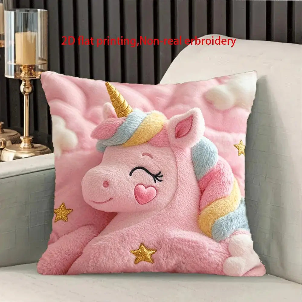 [Unicorn Pillowcase] A Cute Unicorn Pillowcase with a Rainbow Tail And Stars, Featuring a Pink Print on One Sid