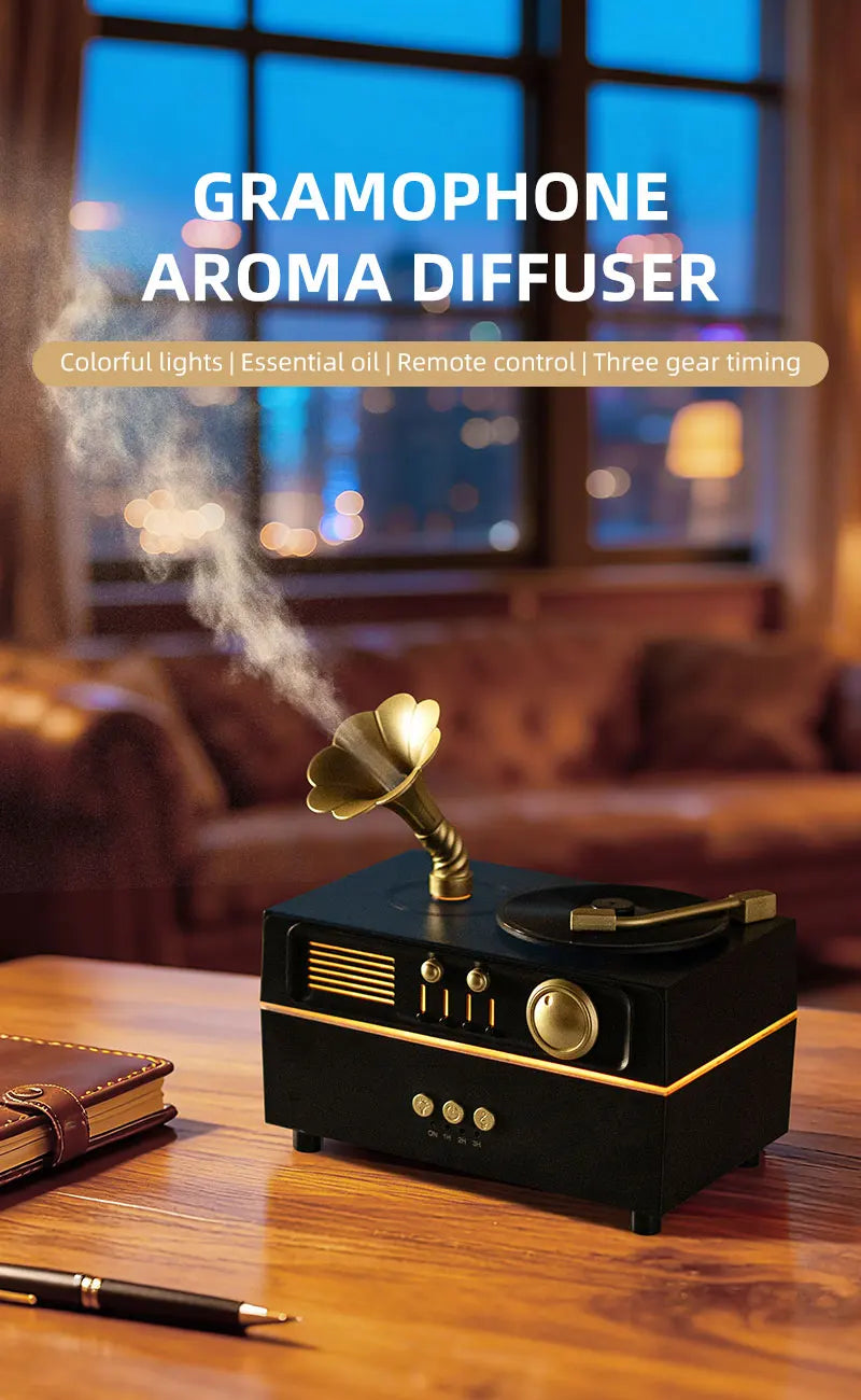 5V Retro Phonograph Bluetooth Speaker Humidifier Ultrasonic Aroma Diffuser Rotating Colorful Light Remote Essential Oil Atomizer