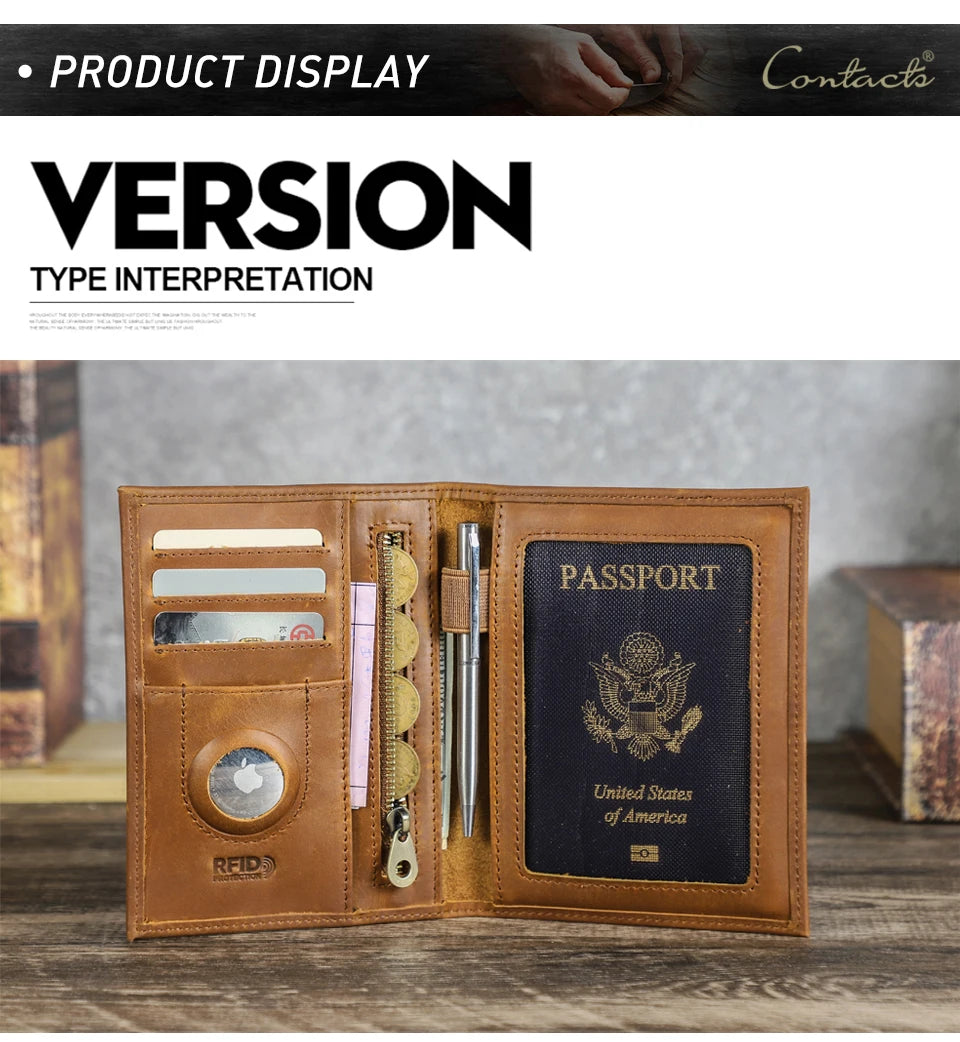 CONTACT'S Genuine Leather Passport Wallet Card Holder Coin Purse AirTag Slot Men Travel Wallet Women‘s Purse Passport Cover Bag