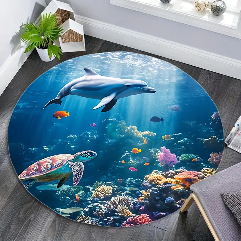 Underwater Ocean Round Rug Flannel Printed Carpet Sea Life Design Home Decor Cozy Soft Floor Mat Living Room Indoor Use