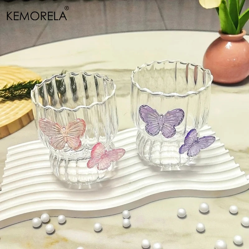 Handmade 3D Butterfly Glass Coffee Cup Elegant Striped Design with Cute Butterfly Pattern Reusable Comfortable Handle Gift
