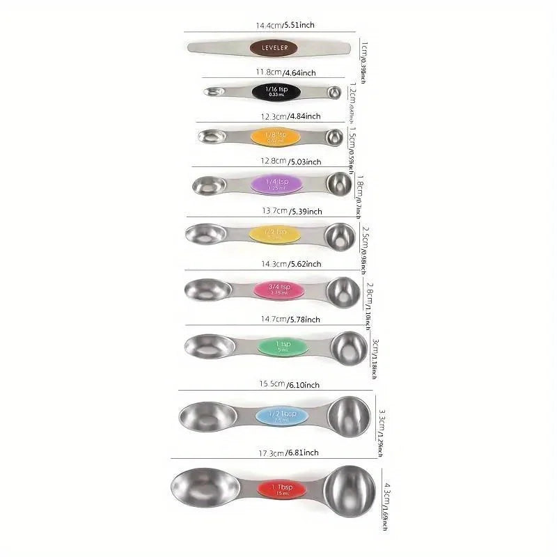Stainless Steel Double Headed Measuring Spoon 9-piece Set with Magnetic Suction and Scale Measuring Spoon Baking Tool