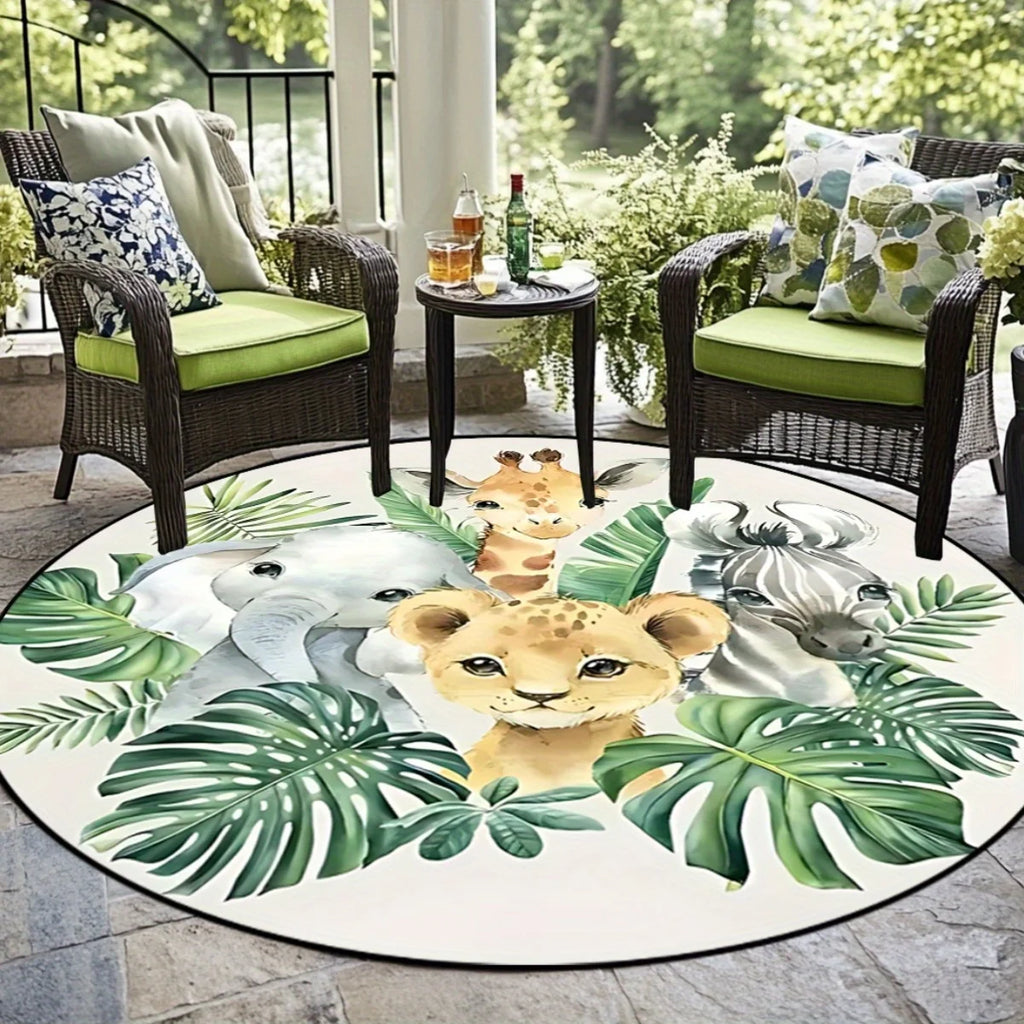 1 cartoon green leaf jungle animal print pattern round rug, polyester fabric, machine washable, suitable for bedroom living room