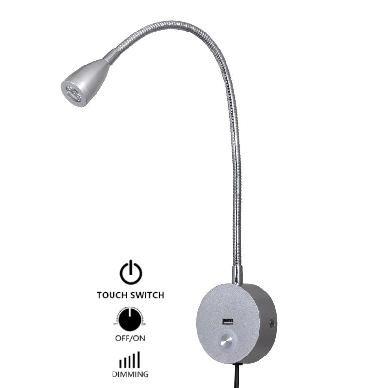 Tokili LED Golden Wall Lamp w/ USB Charger & Touch Dimmer - Bendable Gooseneck Bed Headboard Spotlight Sconce for Reading Lights