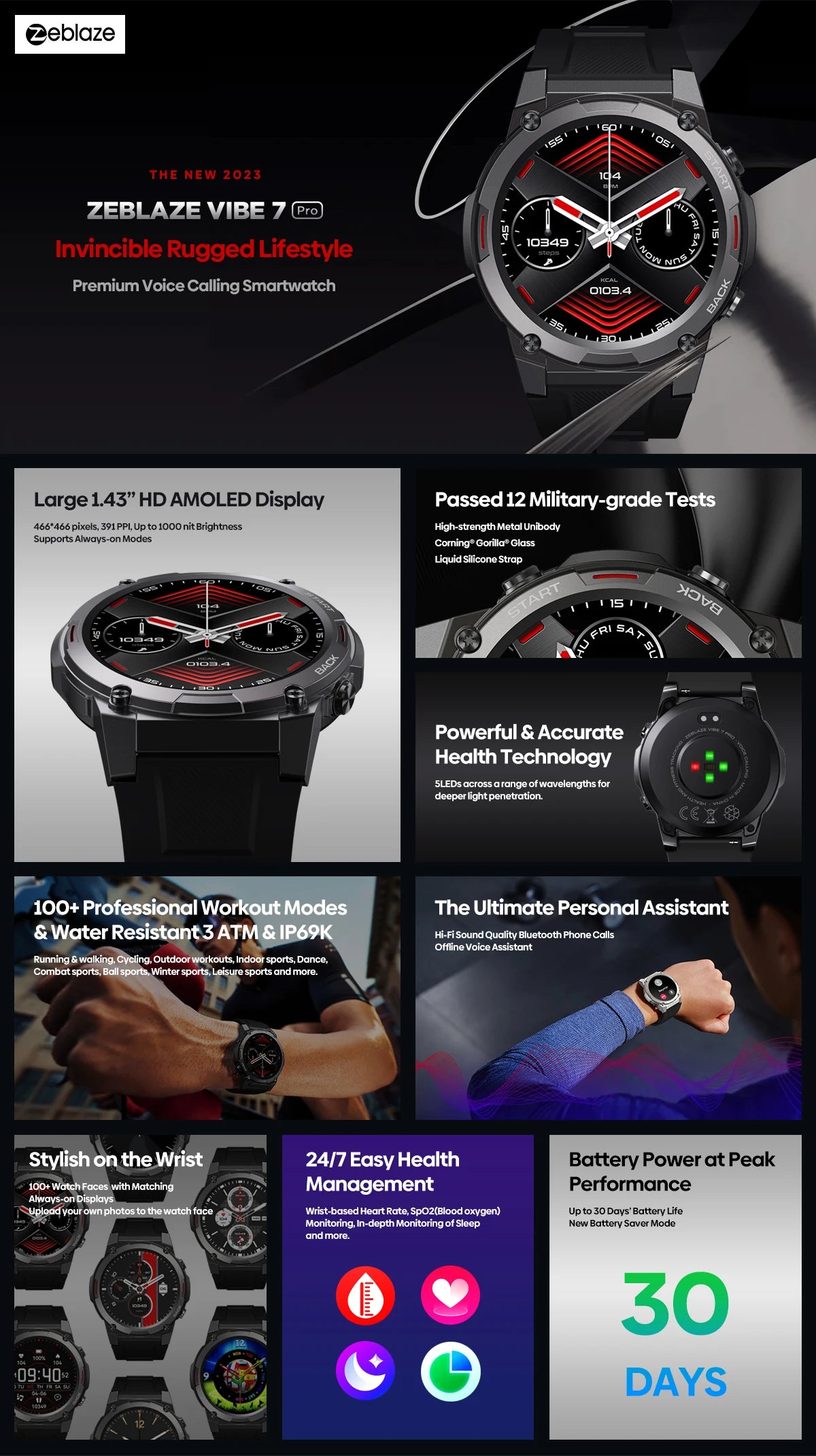 [2023 World Premiere]Zeblaze Vibe 7 Pro Smart Watch 1.43'' AMOLED Display Hi-Fi Phone Calls Military-grade Toughness