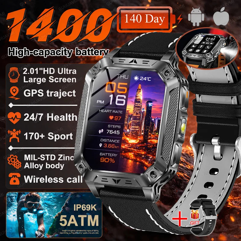 2026 Military 5ATM Waterproof Smart Watch Men 1400mAh Battery GPS Tracks 2.01" HD AMOLED Bluetooth call Sport Fitness Smartwatch