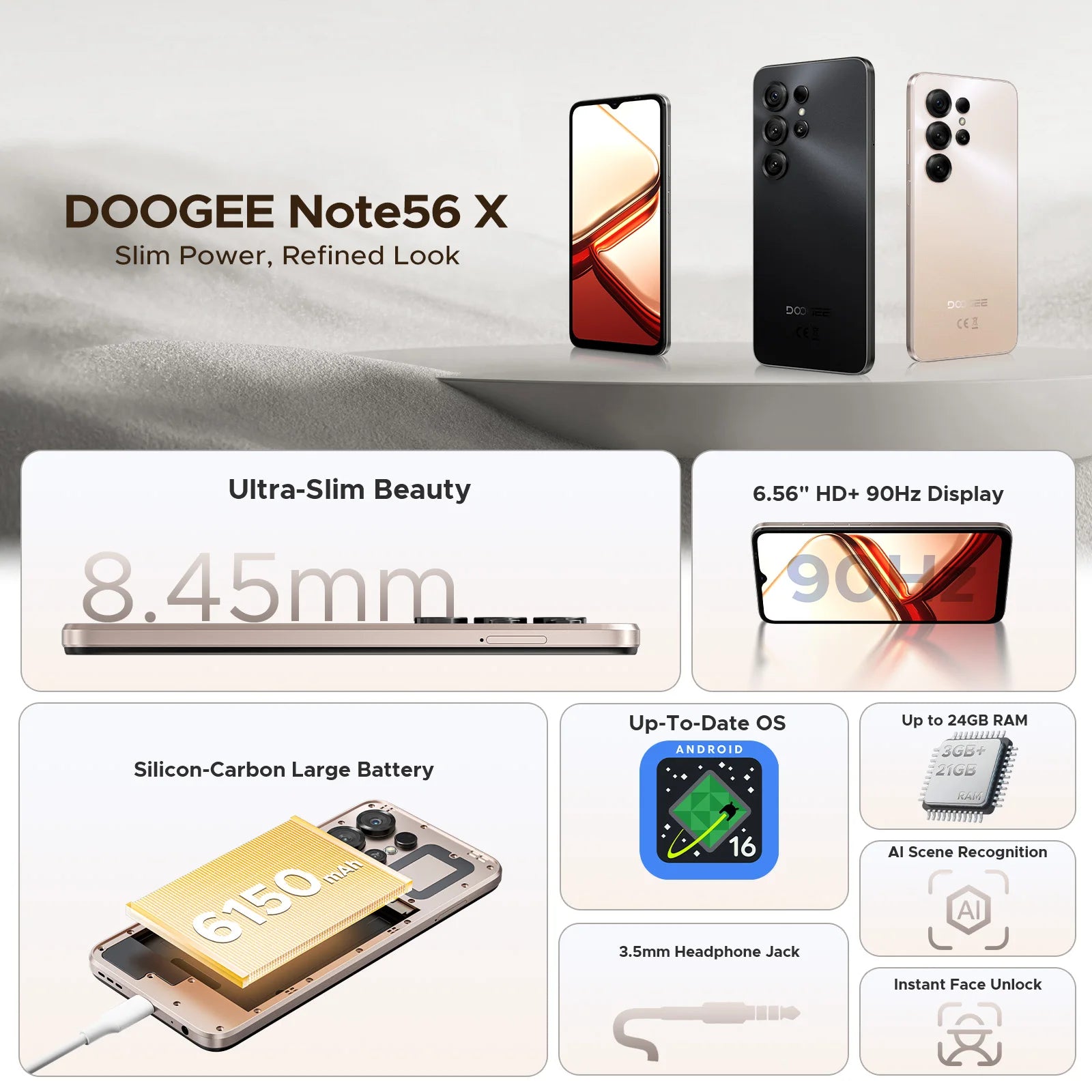Global Version DOOGEE Note56 X Smartphone 6.56'' Display 24GB RAM(3GB+21GB) 64GB ROM 6150mAh Battery Android16 Mobile Phone