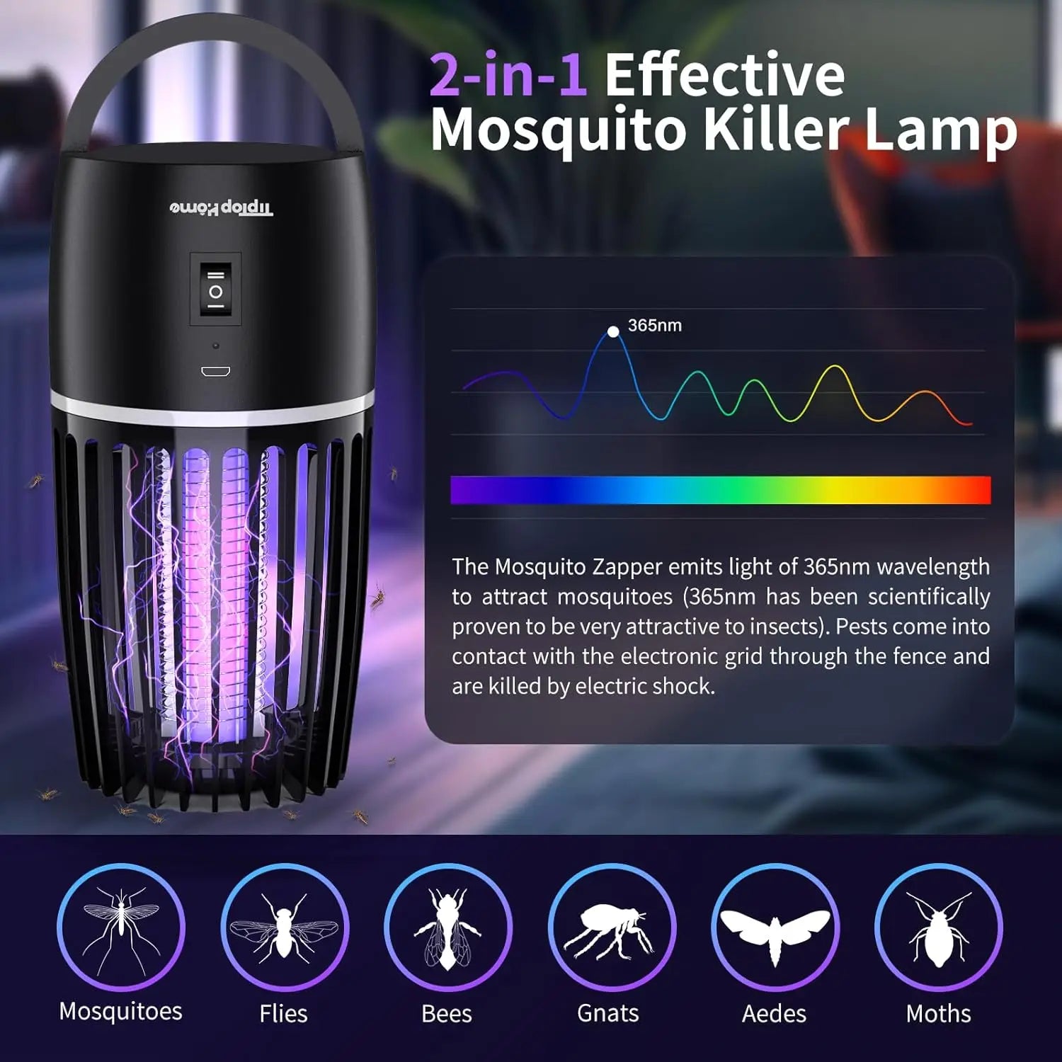 2 in 1 Electric Fly Catcher USB Rechargeable Portable Bug Zapper with Night Light 360° Attract for Indoor Outdoor Trip Camping