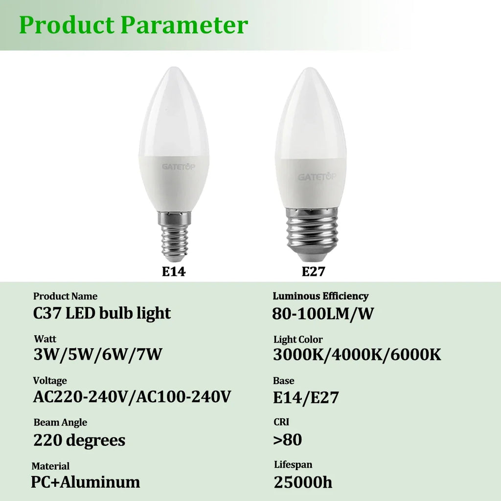 5-12pcs E14 E27 Led Bulb 220V 110V 3W 5W 6W 7W Warm Lighting 3000K 6000K Candle Lamp Led Chandelier Light for Home Decoration
