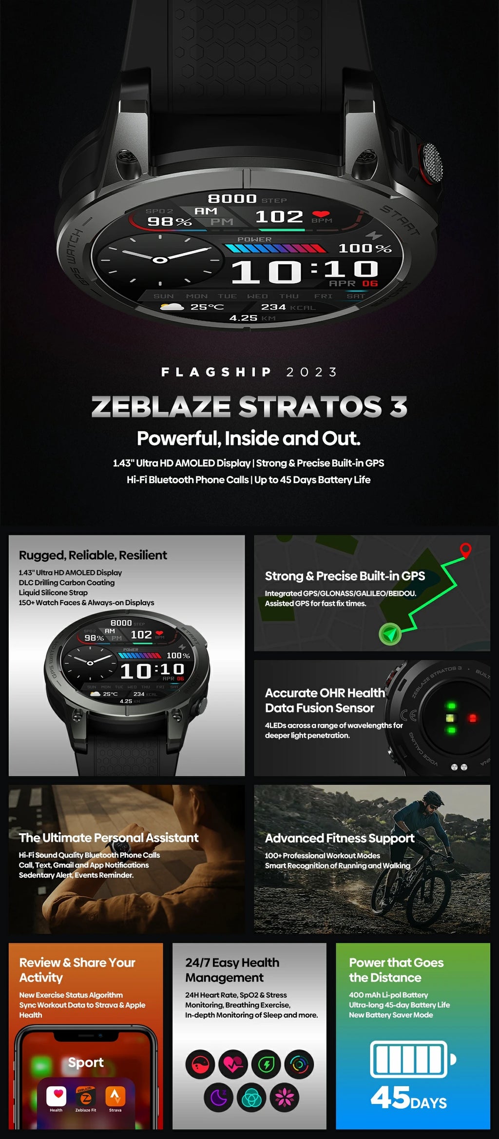 [Flagship 2023] Zeblaze Stratos 3 Premium GPS Smart Watch Ultra HD AMOLED Display Built-in GPS Hi-Fi Bluetooth Phone Calls