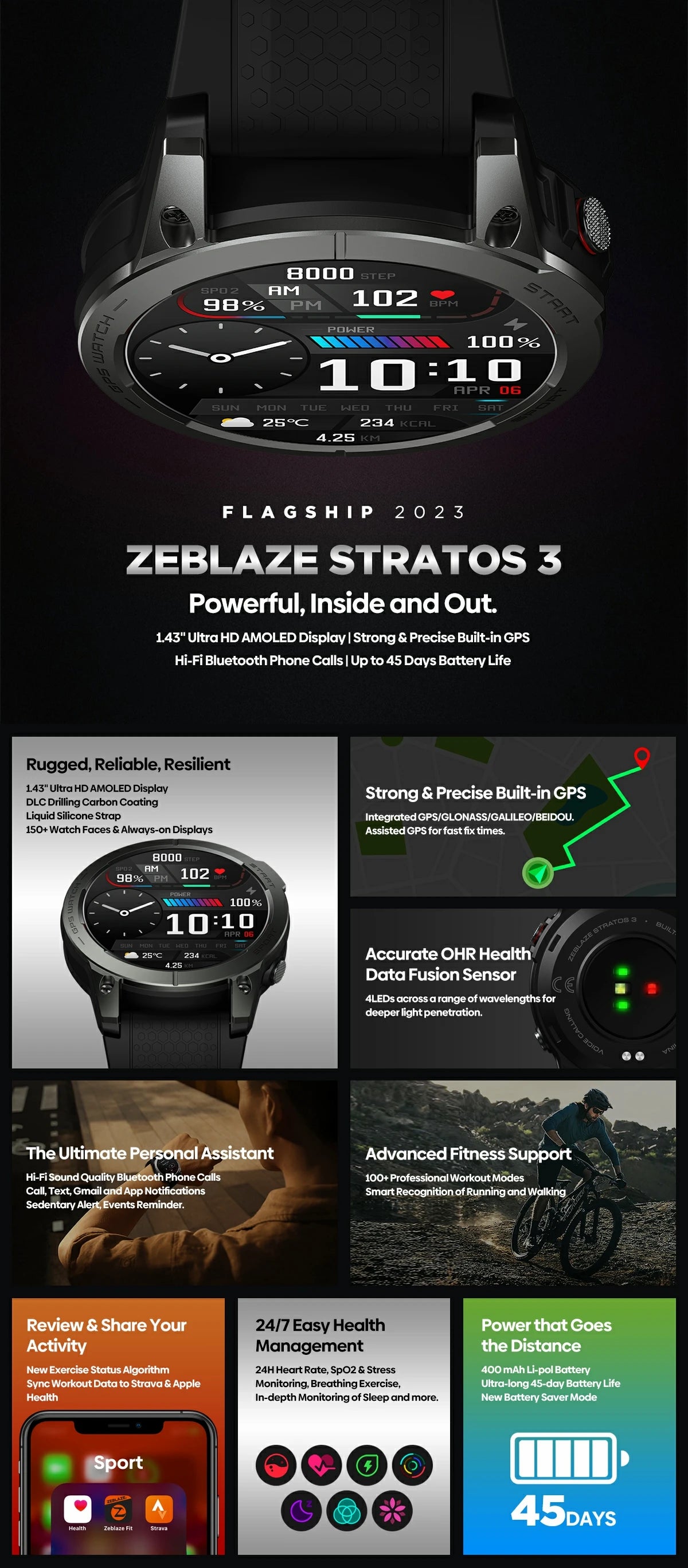 [Flagship 2023] Zeblaze Stratos 3 Premium GPS Smart Watch Ultra HD AMOLED Display Built-in GPS Hi-Fi Bluetooth Phone Calls