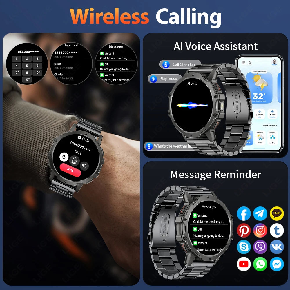 LIGE 2025 Military Grade 1000mAh Battery Smart Watch Men 3ATM Waterproof Bluetooth Call Men Sports Health Monitoring Smartwatch