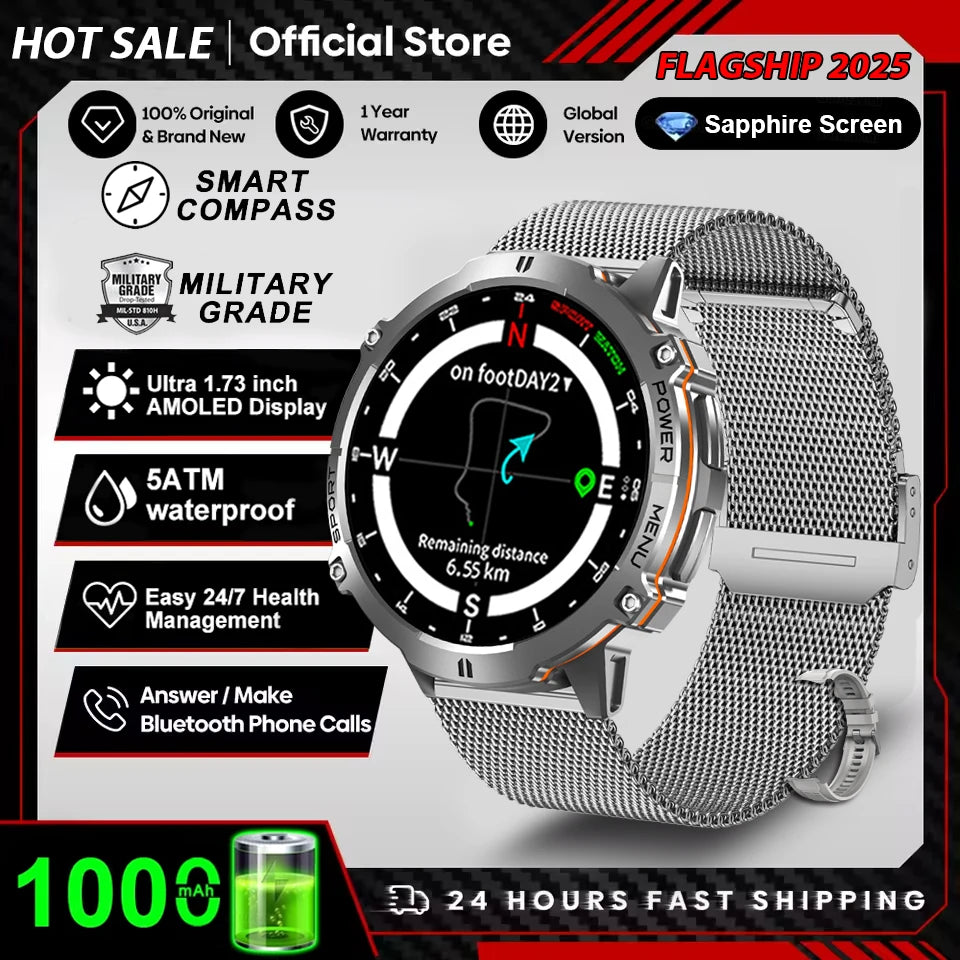 2026 Newly upgraded GPS Military Sports Smart Watch 1000mAh 1.7-inch AMOLED Compass Altimeter Call 10ATM Waterproof Sports Watch
