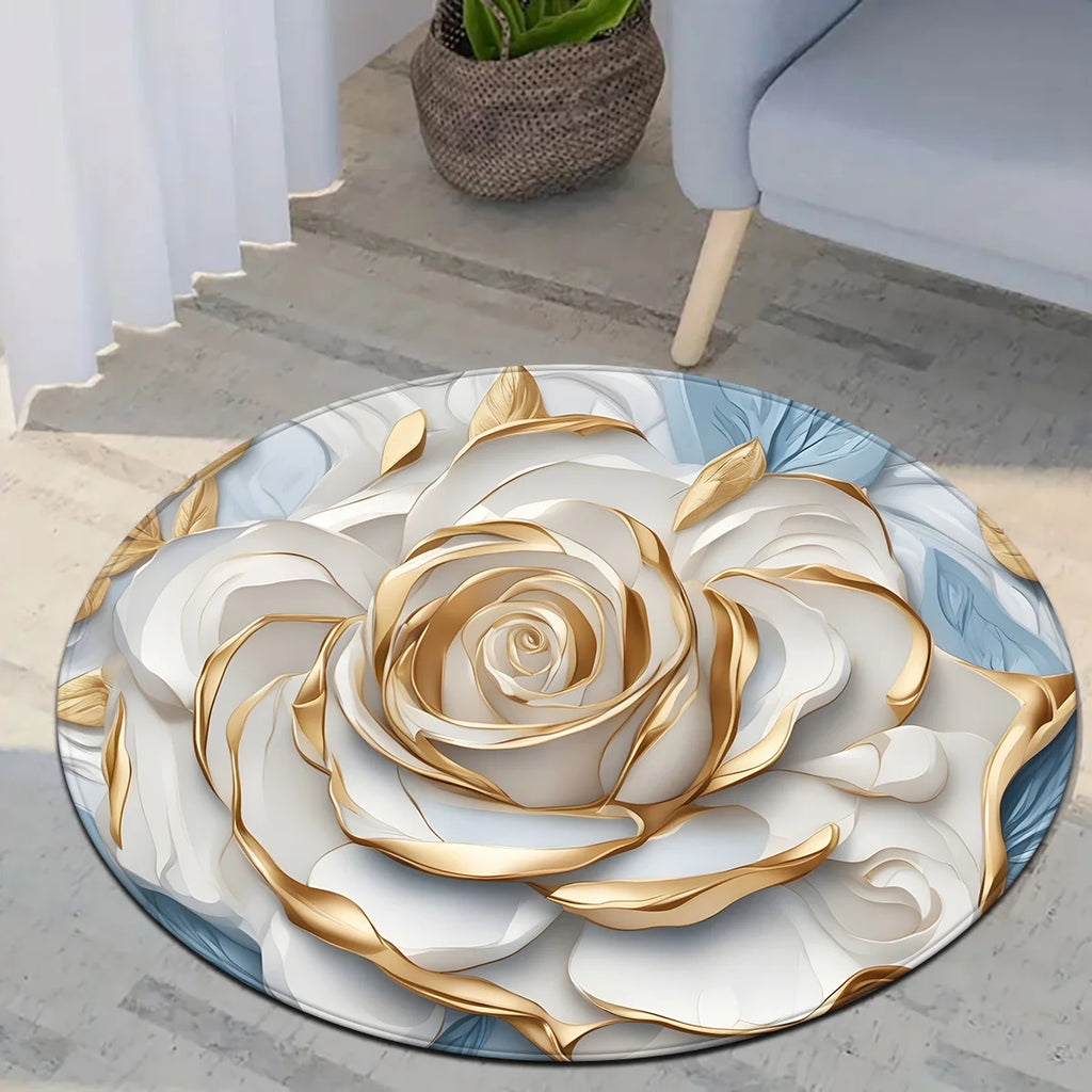 1pc round floor mat with white rose and gold decoration, polyester fabric, suitable for bedroom and living room decoration