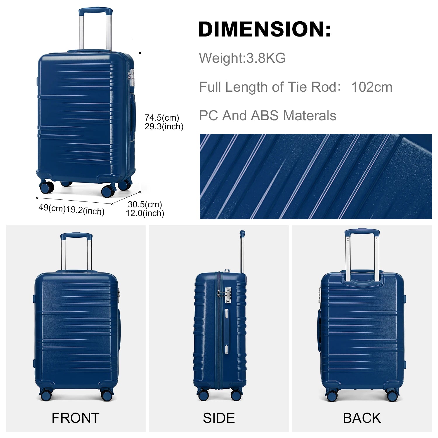 British Traveller Lightweight Hard Shell Suitcase ABS+PC, 20/24/28 inches, 4 spinner wheels with combination lock