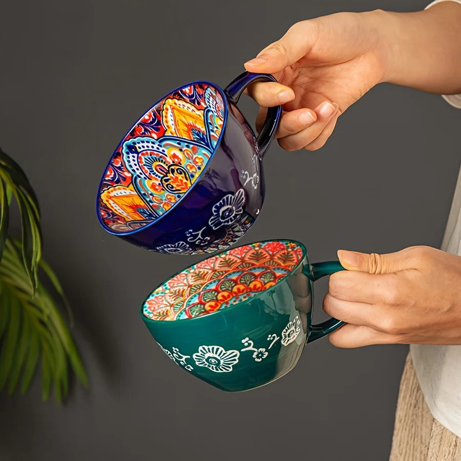 1pc 450ml/15oz Bohemian Ceramic Coffee Mug, Boho Style Underglaze Ceramic Breakfast Cup Multicolor Porcelain Cup for Matcha Latt