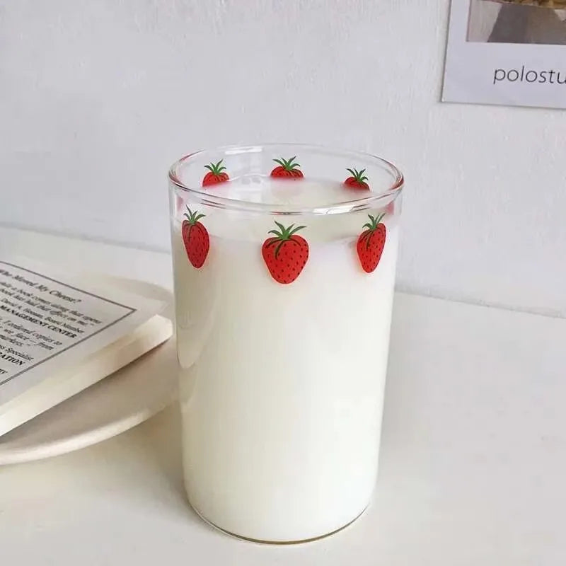 300 ML High Borosilicate Nana Cute Strawberry Water Milk Drinking Glasses Cup with Straw Upgrade Thickened Version Gift