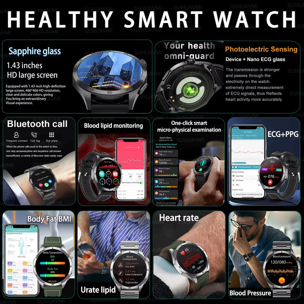 For iOS Android New Health Measurement SmartWatch Men Blood Oxygen Uric Acid ECG+PPG Body Blood Pressure HD Bluetooth Call Watch