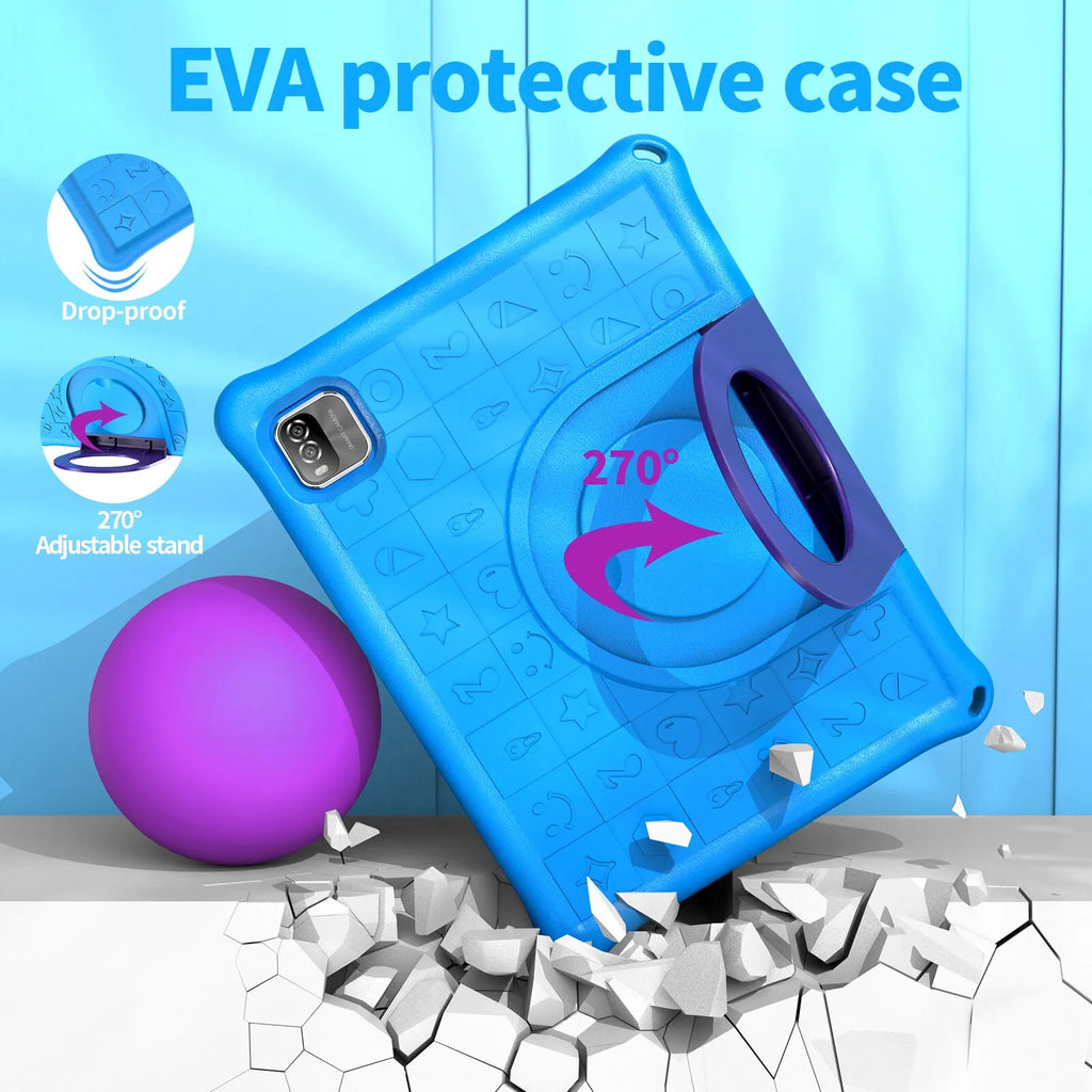 Pritom 10.1 Inch Kids Tablet Android 15 WIFI 6 Quad Core Processor 3GB RAM 64GB ROM YouTube with EVA Protective Case