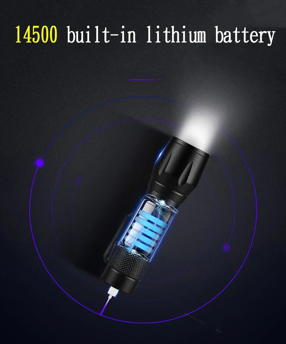Mini LED Flashlight with Pen Clip Zoomable USB Rechargeable Portable Torch with Side Lights Outdoor Camping Emergency Lantern
