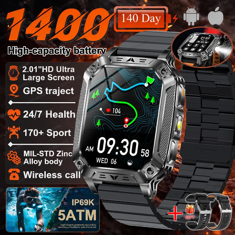 2026 Military 5ATM Waterproof Smart Watch Men 1400mAh Battery GPS Tracks 2.01" HD AMOLED Bluetooth call Sport Fitness Smartwatch