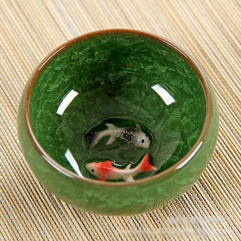 Chinese Porcelain Teacup Sets, Ceramic Double Fish China Tea Cup,Kung Fu TeaCup Set, Crackle Glaze, Travel Tea Bowl